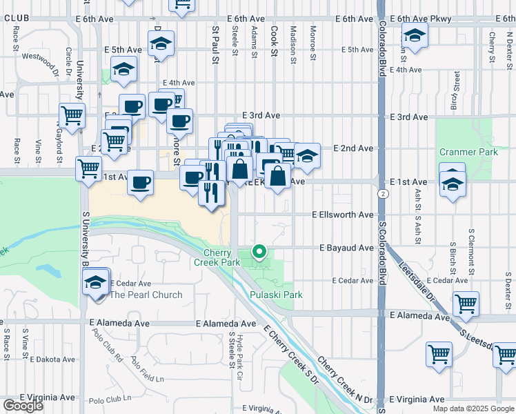 map of restaurants, bars, coffee shops, grocery stores, and more near 48 Steele Street in Denver