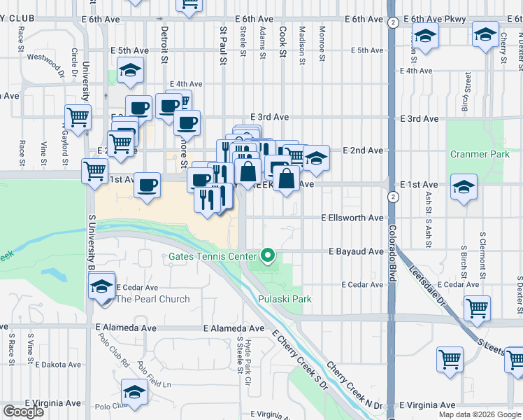 map of restaurants, bars, coffee shops, grocery stores, and more near 48 Steele Street in Denver
