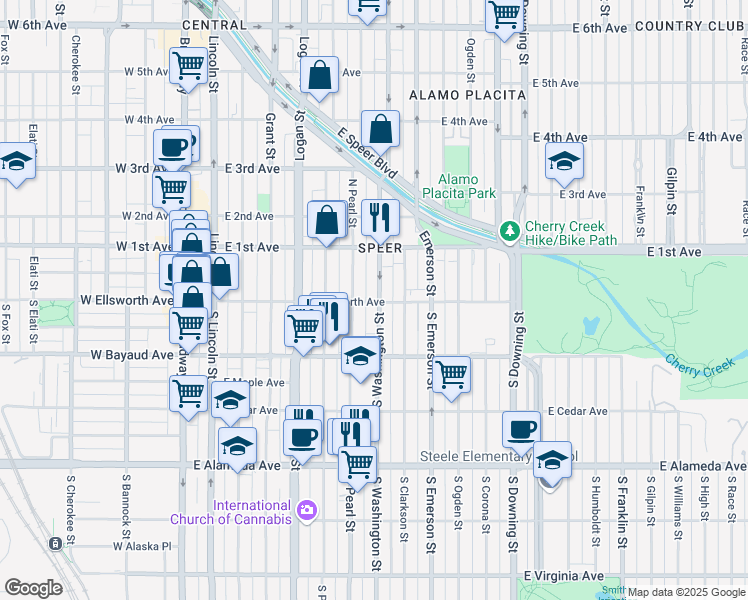 map of restaurants, bars, coffee shops, grocery stores, and more near 18 North Washington Street in Denver
