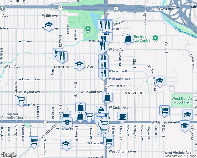 map of restaurants, bars, coffee shops, grocery stores, and more near 25 Grove Street in Denver