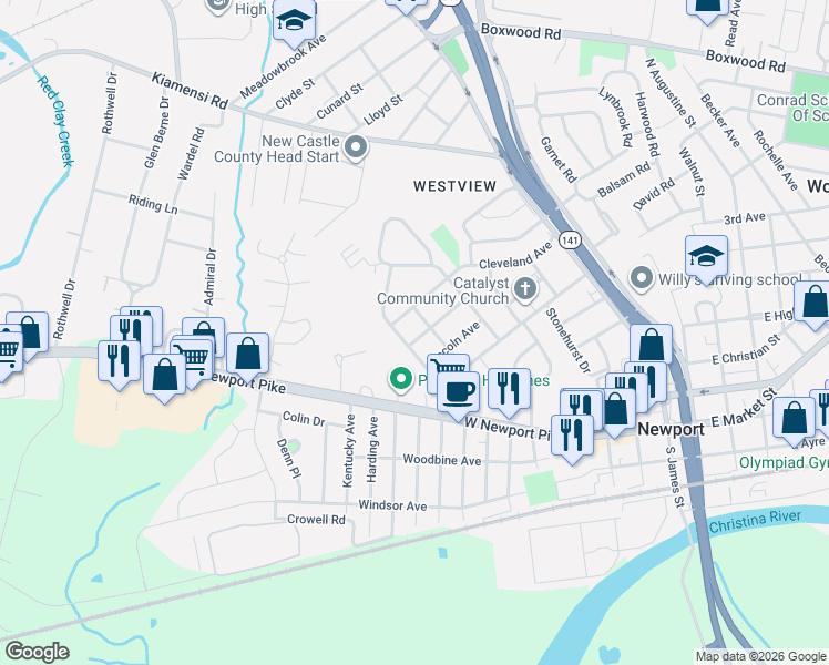 map of restaurants, bars, coffee shops, grocery stores, and more near 4 Cleveland Avenue in Wilmington