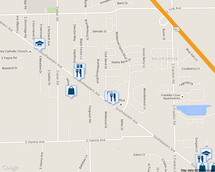 map of restaurants, bars, coffee shops, grocery stores, and more near 3540 Cork Bend Drive in Indianapolis