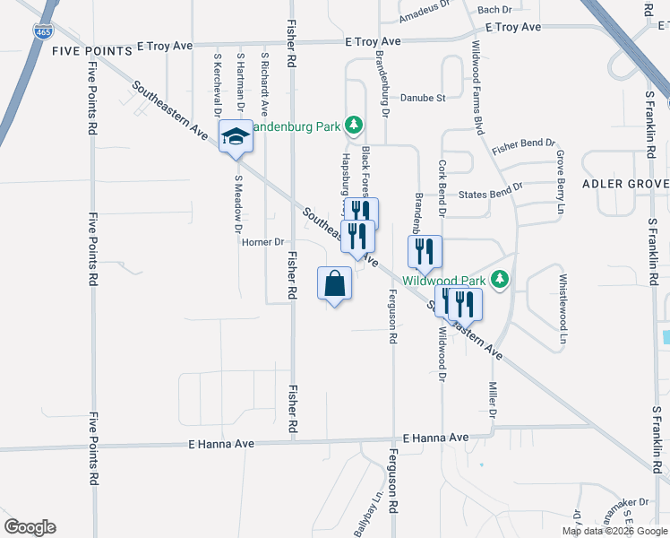 map of restaurants, bars, coffee shops, grocery stores, and more near 7623 Southeastern Avenue in Indianapolis