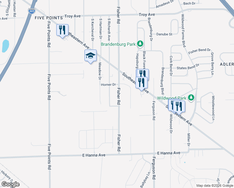 map of restaurants, bars, coffee shops, grocery stores, and more near 3524 Fisher Road in Indianapolis
