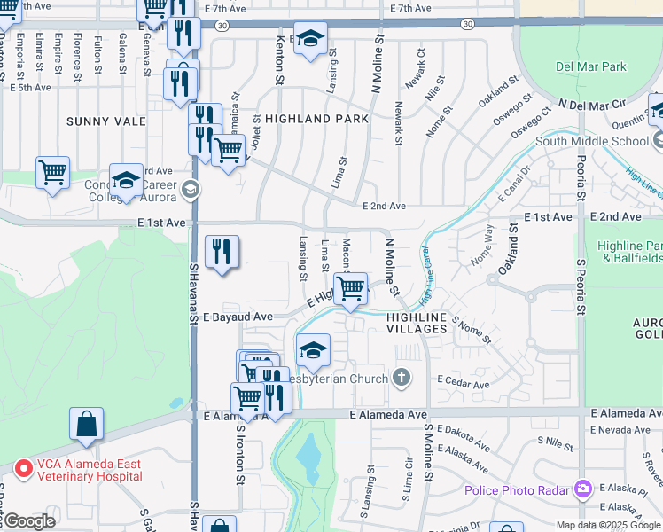 map of restaurants, bars, coffee shops, grocery stores, and more near 53 Macon Street in Aurora