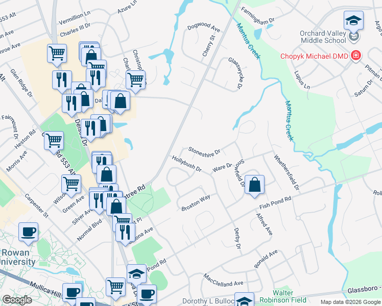 map of restaurants, bars, coffee shops, grocery stores, and more near 23 Redwood Court in Glassboro
