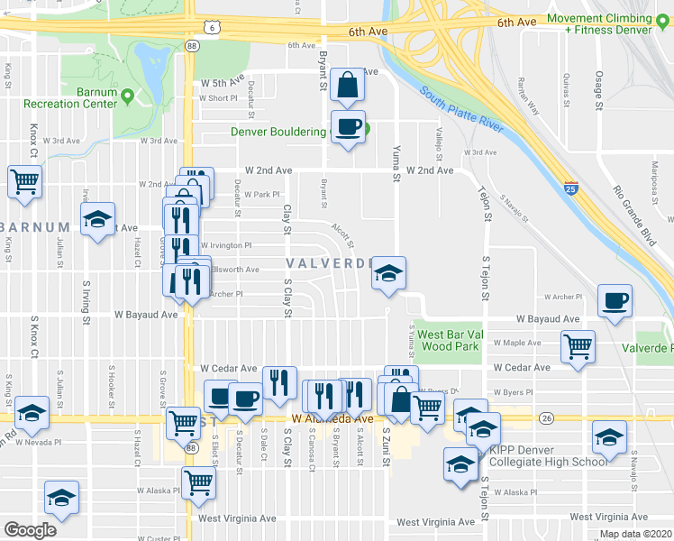 map of restaurants, bars, coffee shops, grocery stores, and more near 12 South Bryant Street in Denver