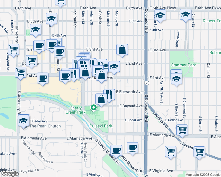map of restaurants, bars, coffee shops, grocery stores, and more near 40 Madison Street in Denver