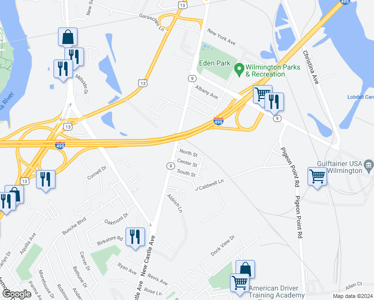map of restaurants, bars, coffee shops, grocery stores, and more near 7 North Street in New Castle