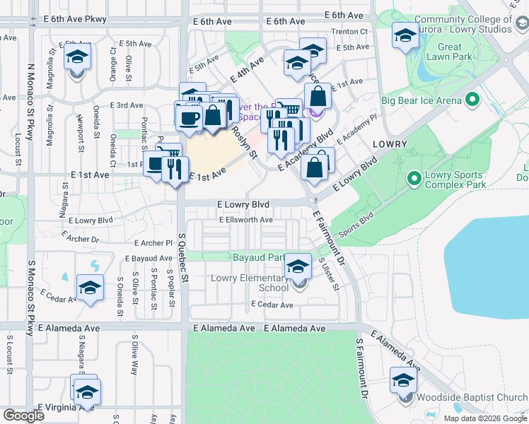 map of restaurants, bars, coffee shops, grocery stores, and more near 98 Spruce Street in Denver