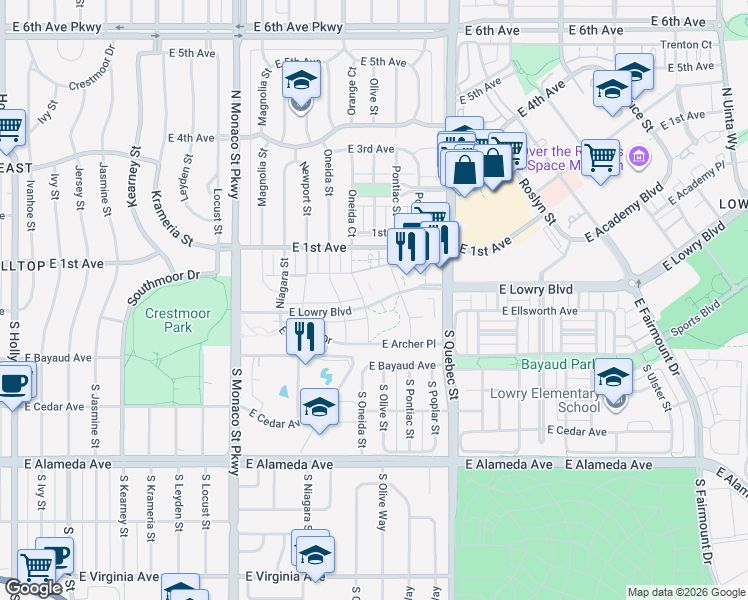map of restaurants, bars, coffee shops, grocery stores, and more near 52 Oneida Street in Denver