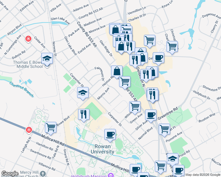 map of restaurants, bars, coffee shops, grocery stores, and more near 700 Fairmount Drive in Glassboro