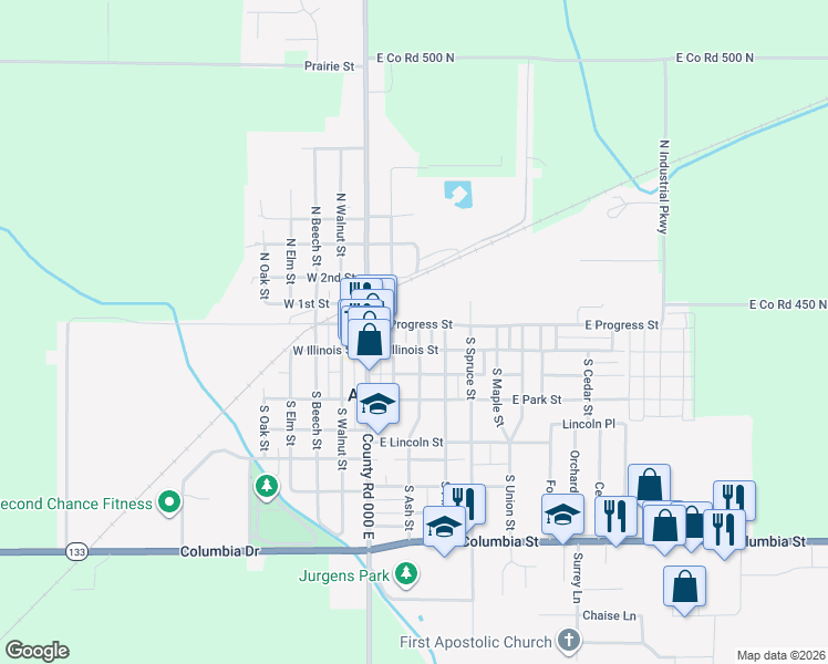 map of restaurants, bars, coffee shops, grocery stores, and more near 210 East Progress Street in Arthur
