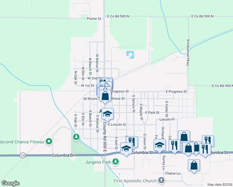 map of restaurants, bars, coffee shops, grocery stores, and more near 148 E Progress St in Arthur