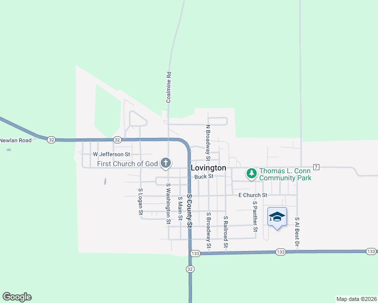 map of restaurants, bars, coffee shops, grocery stores, and more near North County Street in Lovington