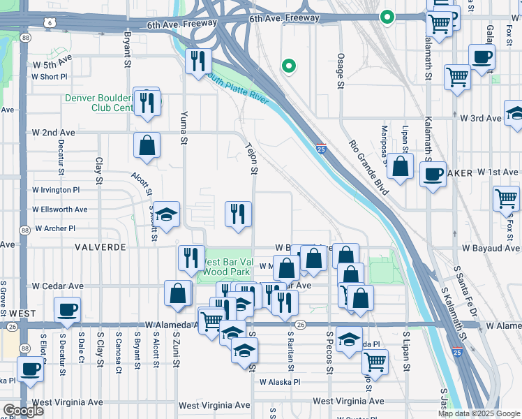 map of restaurants, bars, coffee shops, grocery stores, and more near 30 South Tejon Street in Denver