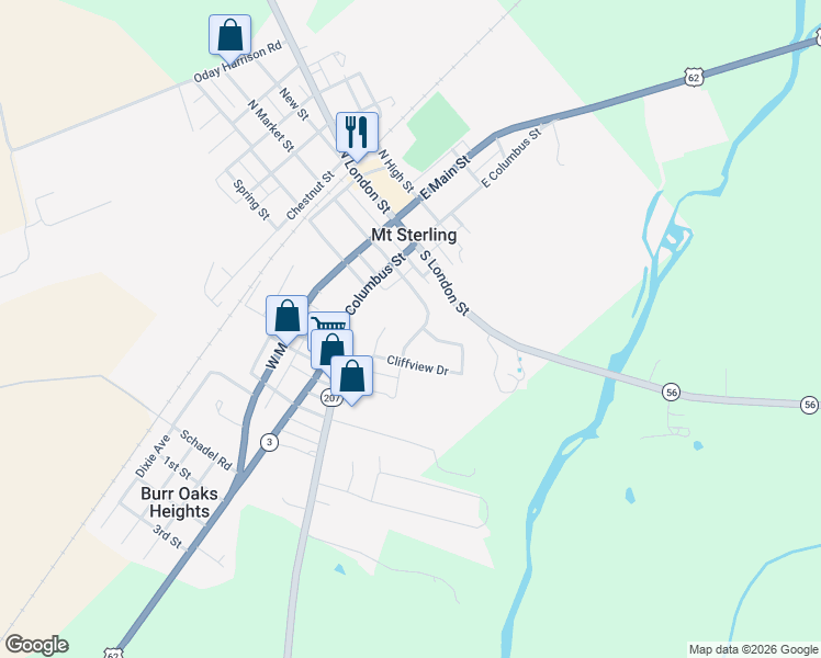 map of restaurants, bars, coffee shops, grocery stores, and more near 99 Valleyview Drive in Mount Sterling