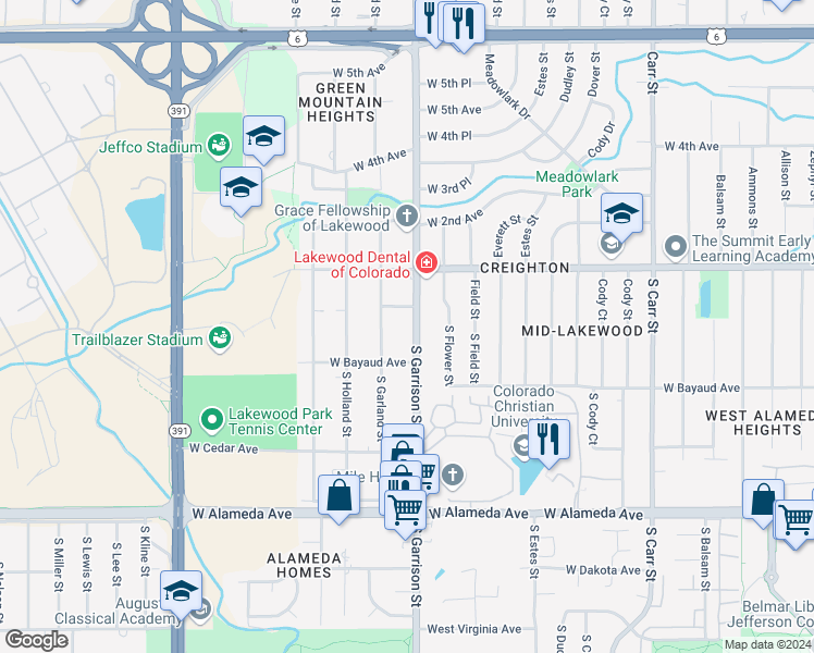 map of restaurants, bars, coffee shops, grocery stores, and more near 75 South Garrison Street in Lakewood