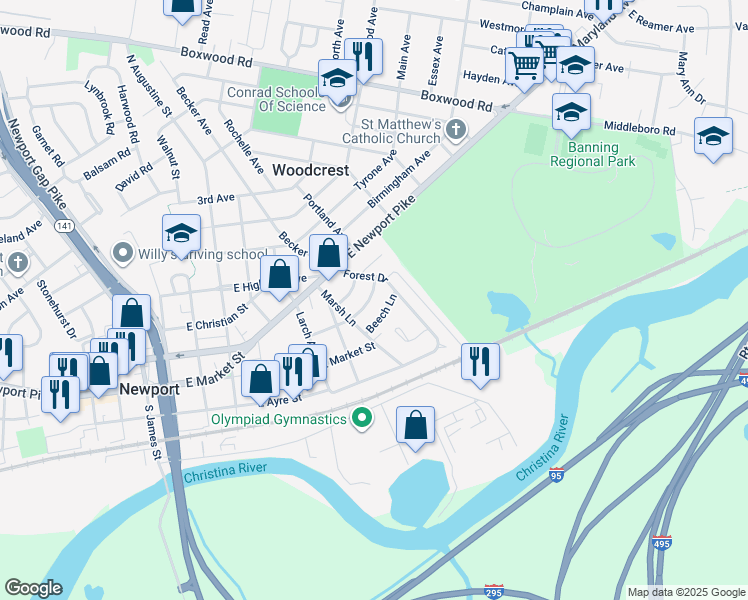 map of restaurants, bars, coffee shops, grocery stores, and more near 104 Laurel Lane in Wilmington