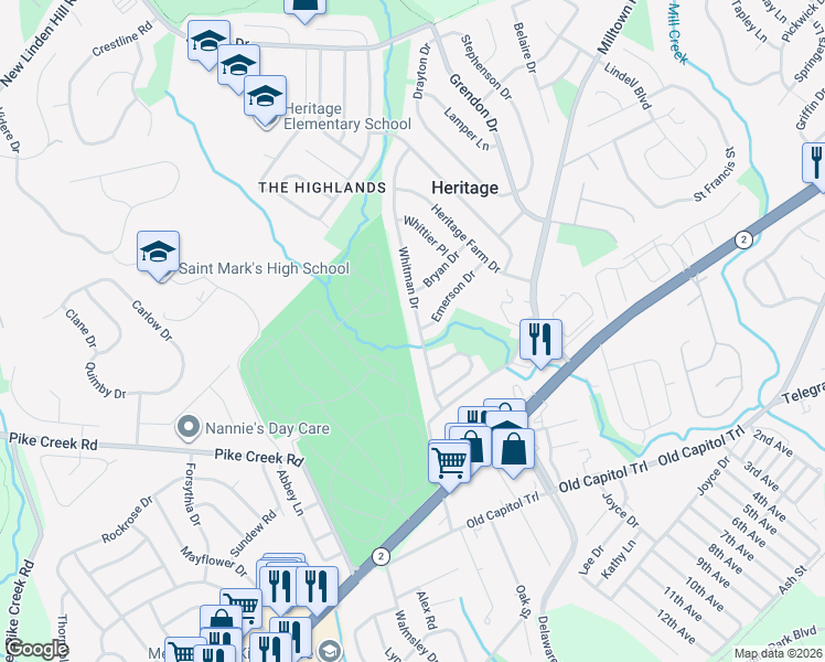map of restaurants, bars, coffee shops, grocery stores, and more near 2620 Whitman Drive in Wilmington