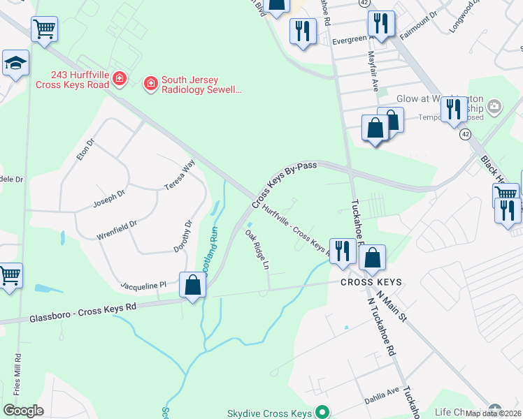 map of restaurants, bars, coffee shops, grocery stores, and more near 170 Hurffville - Cross Keys Road in Washington Township