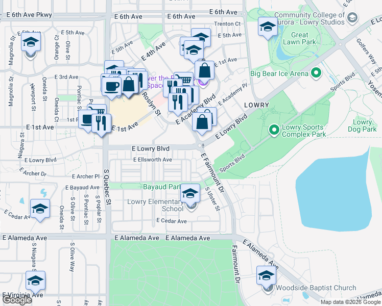 map of restaurants, bars, coffee shops, grocery stores, and more near 8007 East Ellsworth Avenue in Denver