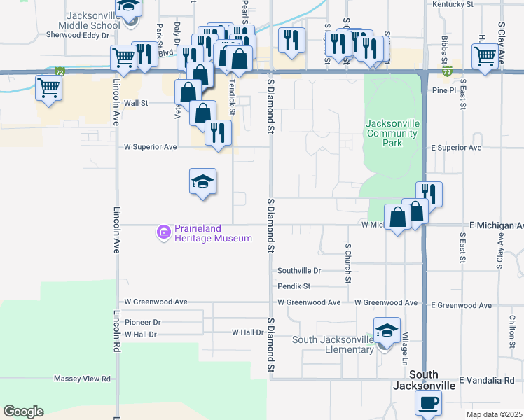 map of restaurants, bars, coffee shops, grocery stores, and more near 1335 South Diamond Street in Jacksonville