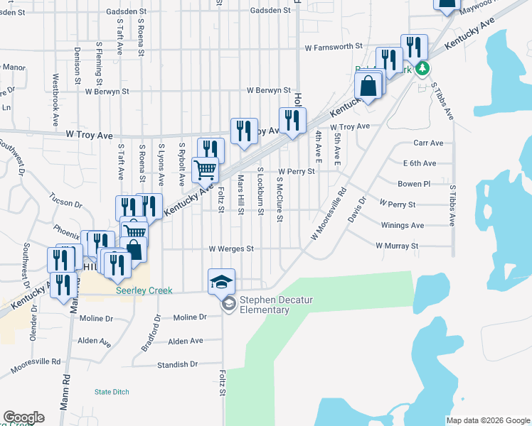 map of restaurants, bars, coffee shops, grocery stores, and more near 3150 South Lockburn Street in Indianapolis
