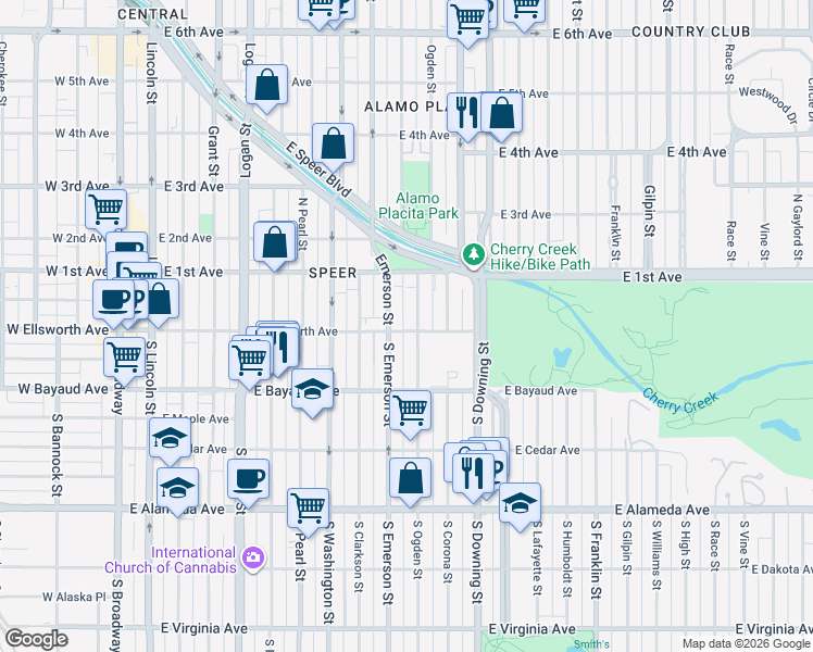 map of restaurants, bars, coffee shops, grocery stores, and more near 15 North Ogden Street in Denver
