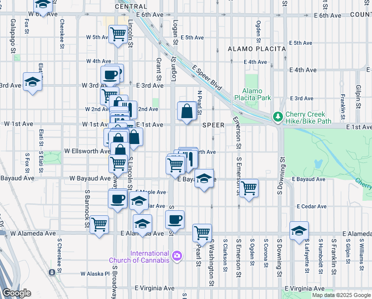 map of restaurants, bars, coffee shops, grocery stores, and more near 27 Pennsylvania Street in Denver