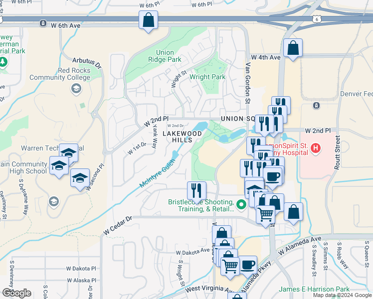 map of restaurants, bars, coffee shops, grocery stores, and more near 111 Ward Court in Lakewood