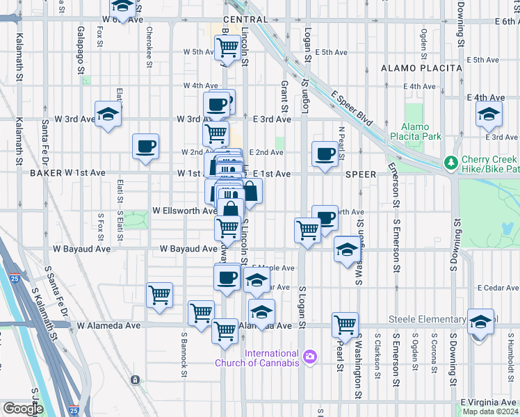 map of restaurants, bars, coffee shops, grocery stores, and more near 5 Sherman Street in Denver