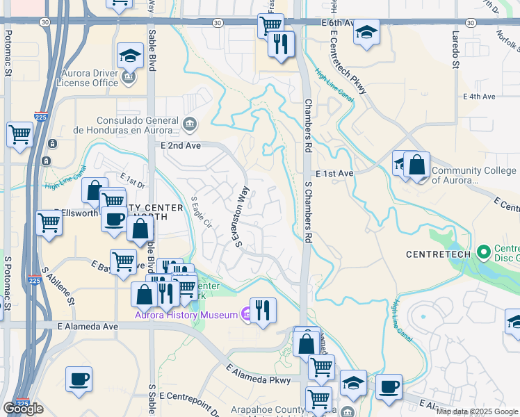 map of restaurants, bars, coffee shops, grocery stores, and more near 100 South Fraser Circle in Aurora