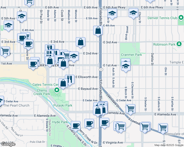 map of restaurants, bars, coffee shops, grocery stores, and more near in Denver