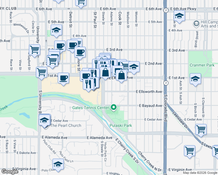 map of restaurants, bars, coffee shops, grocery stores, and more near 48 Steele Street in Denver