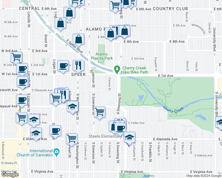 map of restaurants, bars, coffee shops, grocery stores, and more near 28 Corona Street in Denver