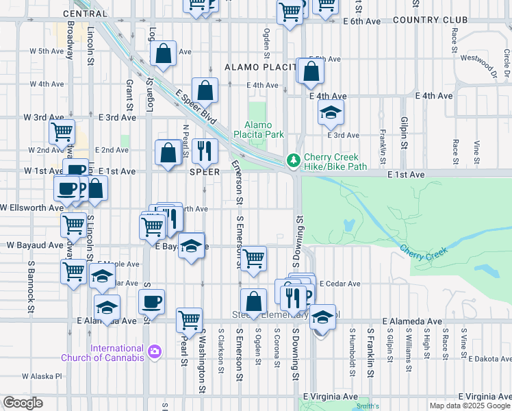 map of restaurants, bars, coffee shops, grocery stores, and more near 15 North Ogden Street in Denver