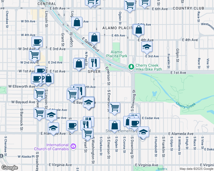 map of restaurants, bars, coffee shops, grocery stores, and more near 25 Emerson Street in Denver
