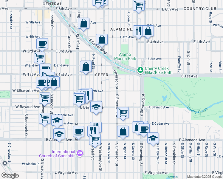 map of restaurants, bars, coffee shops, grocery stores, and more near 25 Emerson Street in Denver