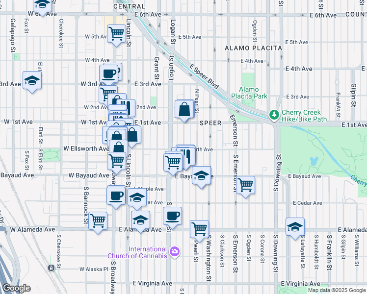 map of restaurants, bars, coffee shops, grocery stores, and more near 27 Pennsylvania Street in Denver