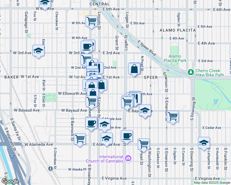 map of restaurants, bars, coffee shops, grocery stores, and more near 16t Grant Street in Denver