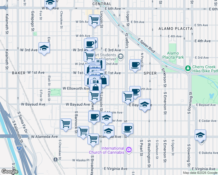 map of restaurants, bars, coffee shops, grocery stores, and more near 22 Sherman Street in Denver