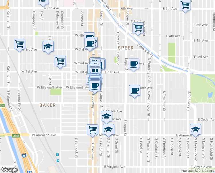 map of restaurants, bars, coffee shops, grocery stores, and more near 5 Sherman Street in Denver
