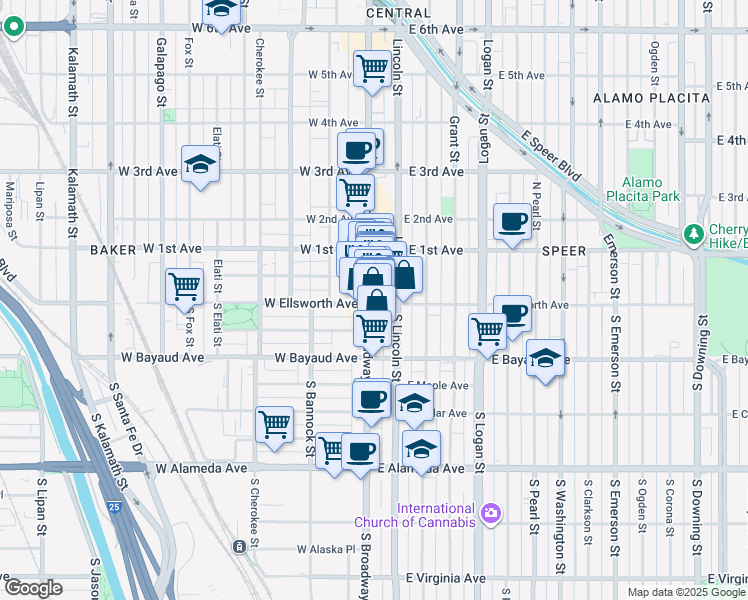 map of restaurants, bars, coffee shops, grocery stores, and more near in Denver