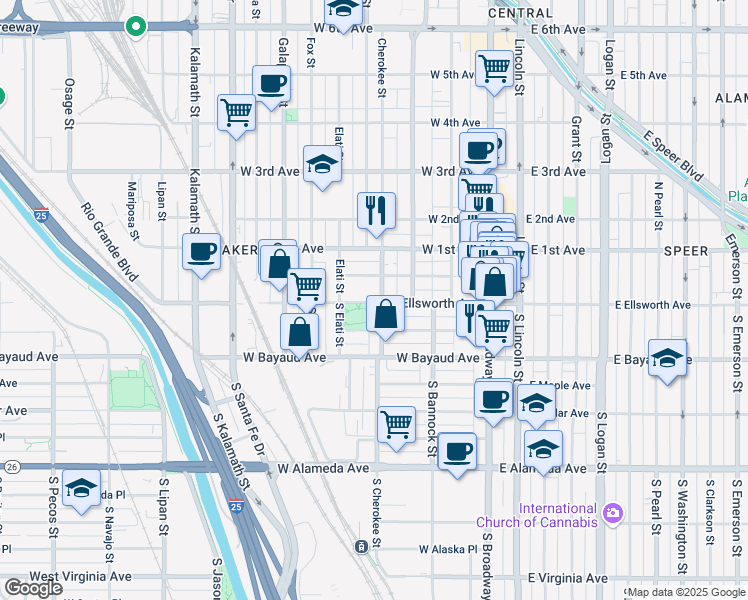 map of restaurants, bars, coffee shops, grocery stores, and more near in Denver