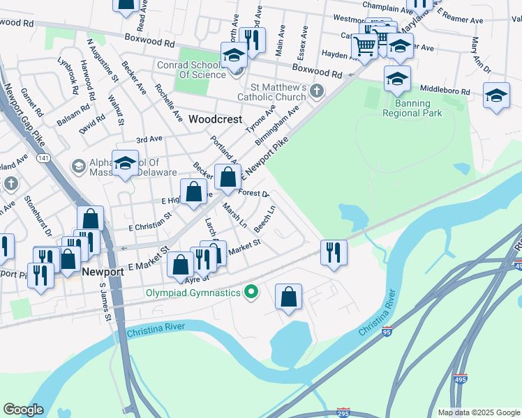 map of restaurants, bars, coffee shops, grocery stores, and more near 104 Laurel Lane in Wilmington