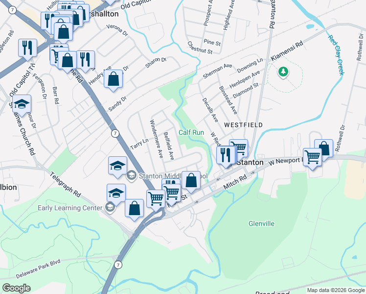 map of restaurants, bars, coffee shops, grocery stores, and more near 1803 Township Road in Wilmington