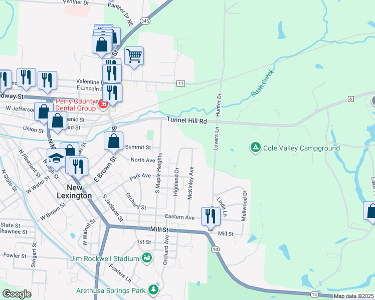 map of restaurants, bars, coffee shops, grocery stores, and more near 543 Summit Street in New Lexington