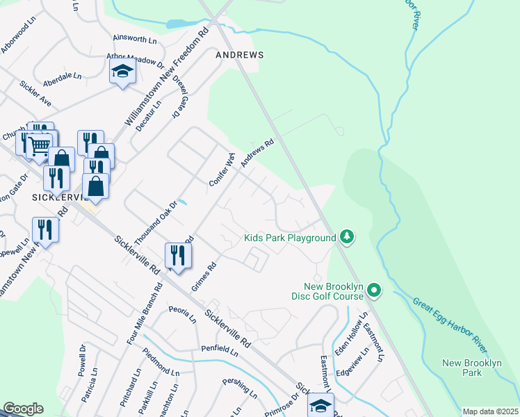 map of restaurants, bars, coffee shops, grocery stores, and more near 10 Langdon Court in Sicklerville