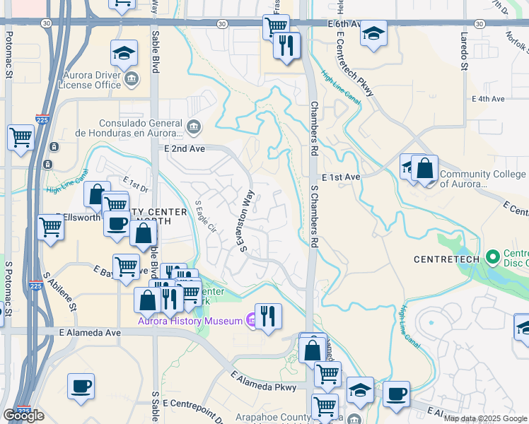 map of restaurants, bars, coffee shops, grocery stores, and more near 100 South Fraser Circle in Aurora